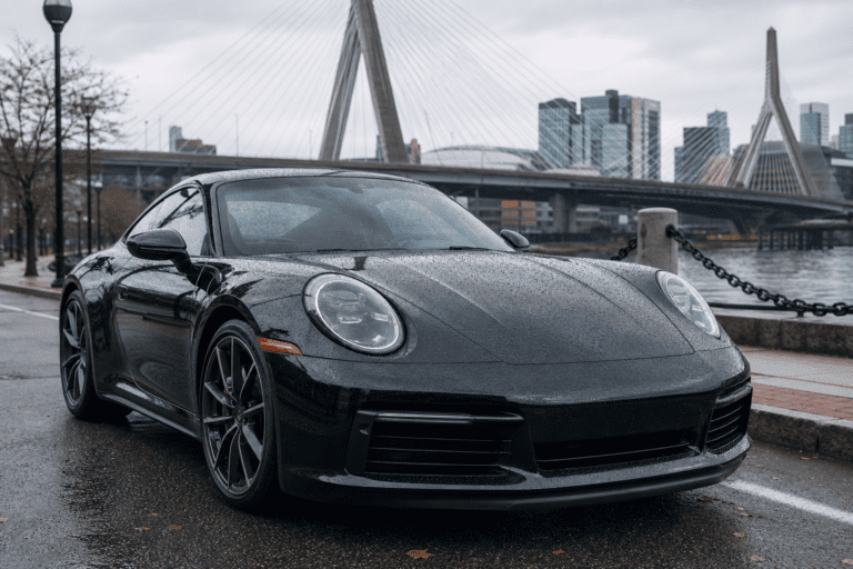 Ceramic coated black Porsche 911 with water beading on hood parked near Boston's Zakim Bridge waterfront.