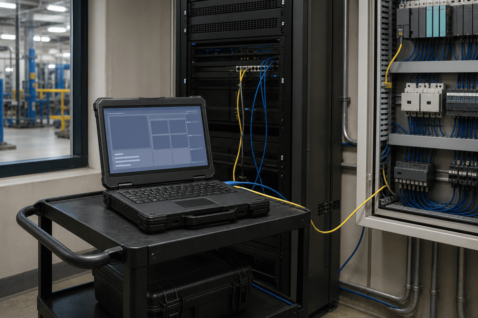 Forward deployed engineer's rugged laptop on a rolling cart wired to a server rack and PLC cabinet in a factory control room.