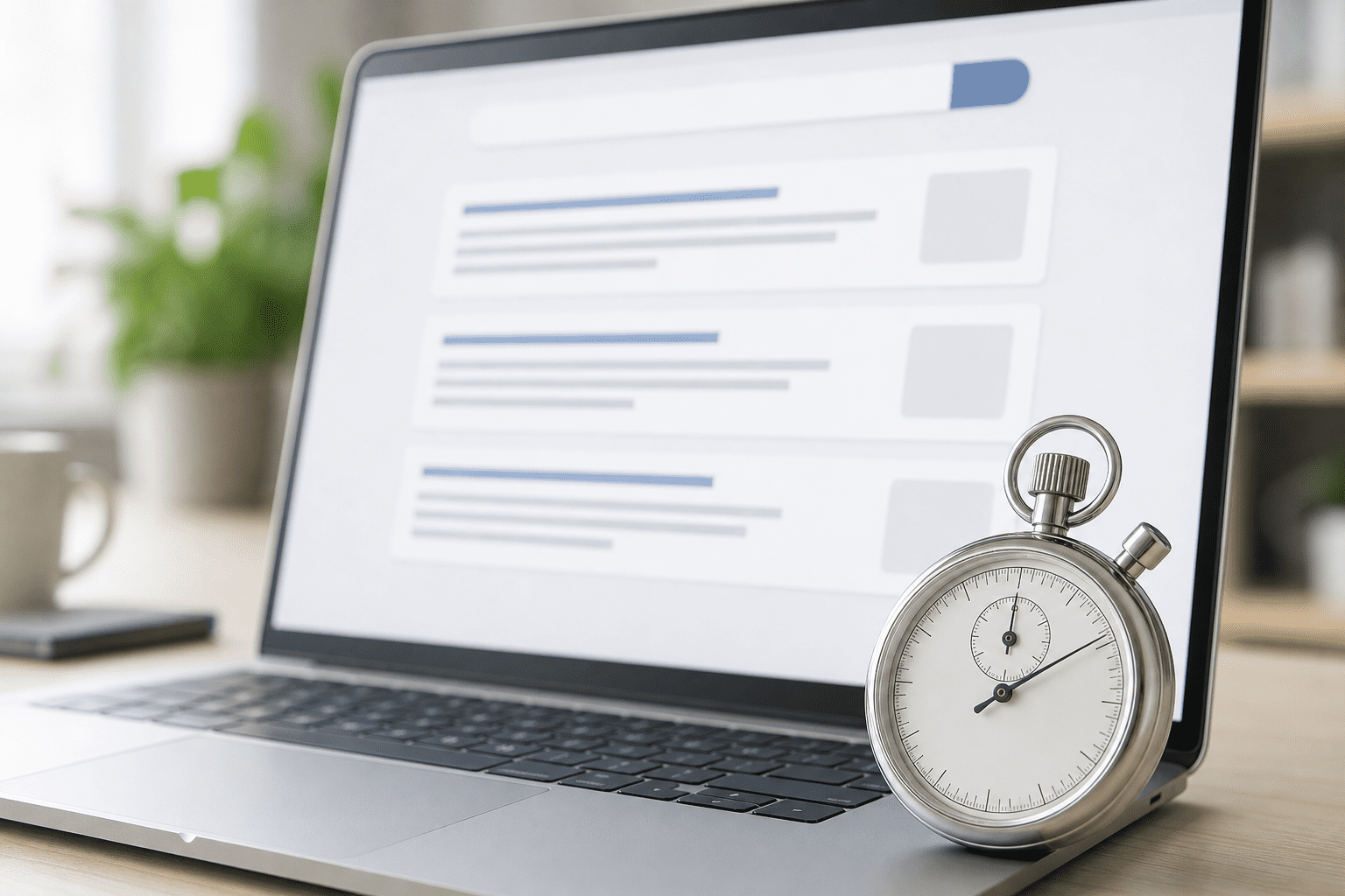 Analog stopwatch resting on a silver laptop keyboard showing a blank Google search results page layout.