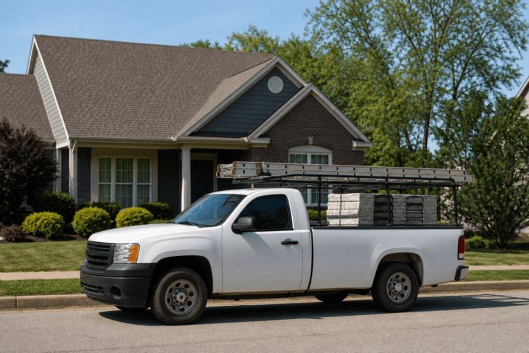 White roofing contractor pickup truck with ladder rack and shingle bundles parked outside a local home with a gabled roof.