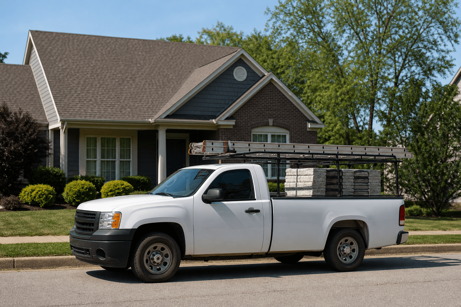 White roofing contractor pickup truck with ladder rack and shingle bundles parked outside a local home with a gabled roof.