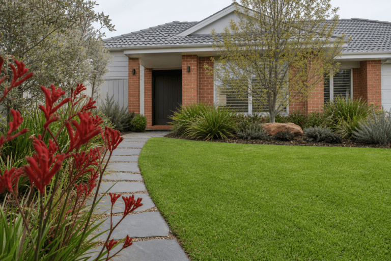 Melbourne landscaping with native kangaroo paw, lomandra beds, bluestone path and crisp lawn at a modern brick home.