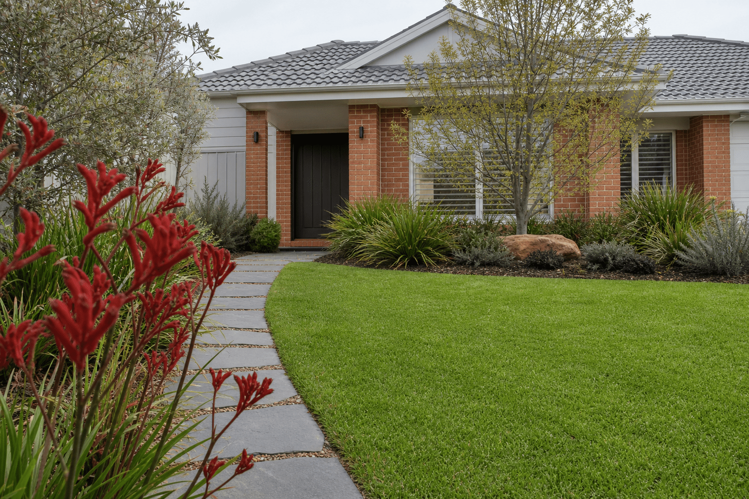 Melbourne landscaping with native kangaroo paw, lomandra beds, bluestone path and crisp lawn at a modern brick home.