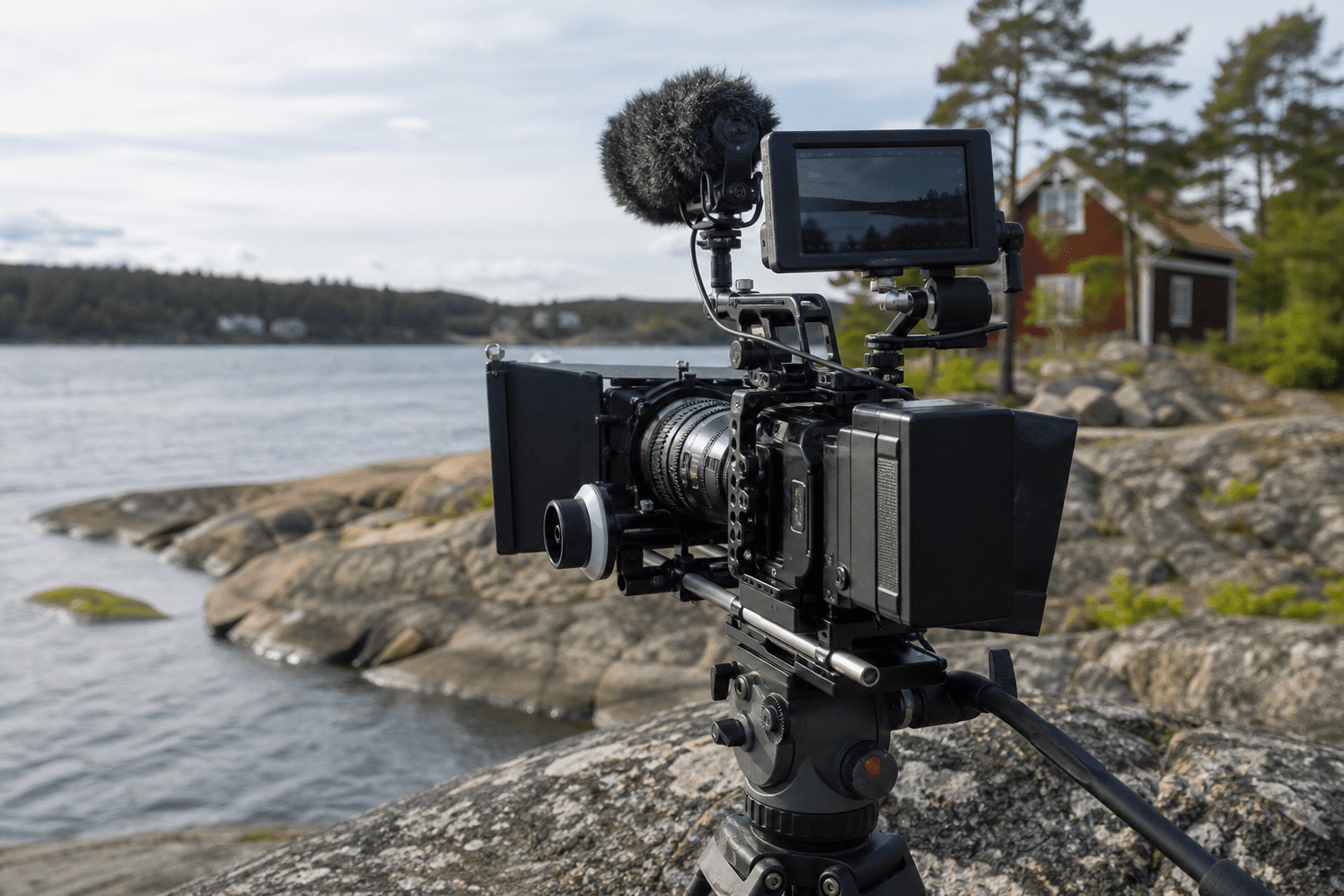 Professional cinema camera rig on tripod filming Stockholm archipelago with red Swedish cottage for video production.