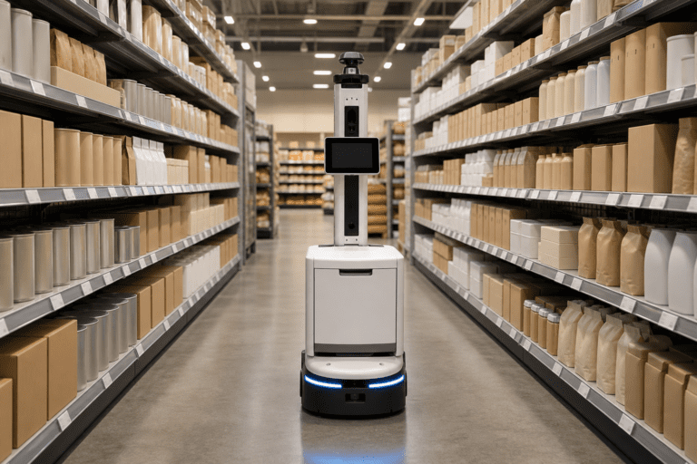 Autonomous AI inventory-scanning robot working in a grocery store aisle between shelves of unbranded packages.