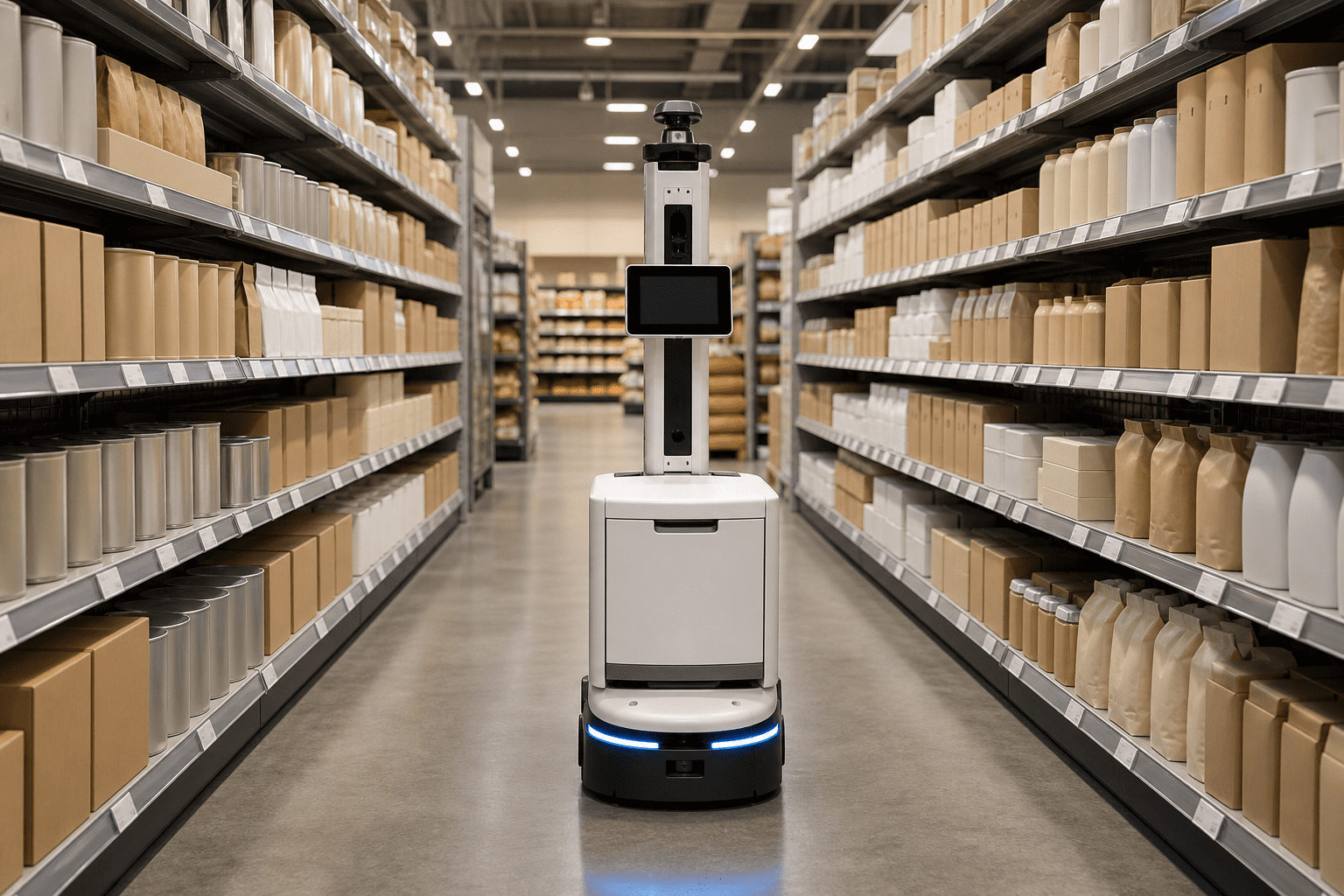 Autonomous AI inventory-scanning robot working in a grocery store aisle between shelves of unbranded packages.