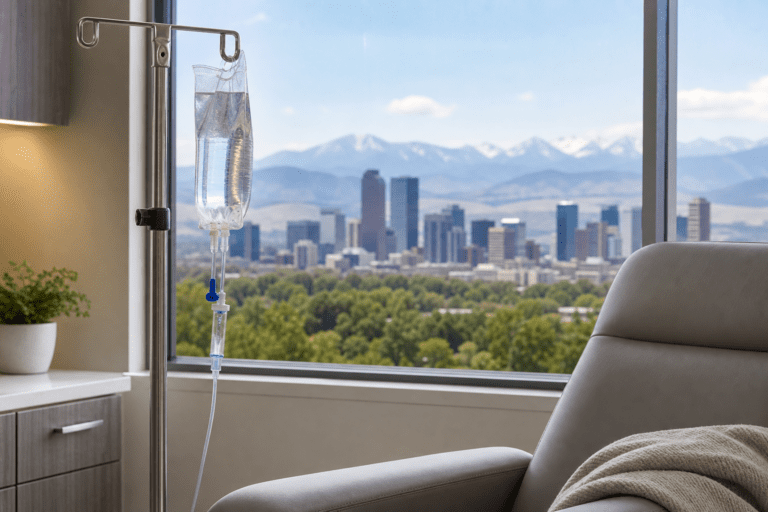 IV therapy bag on stainless steel stand beside a clinic chair with Denver skyline and Rocky Mountains visible.