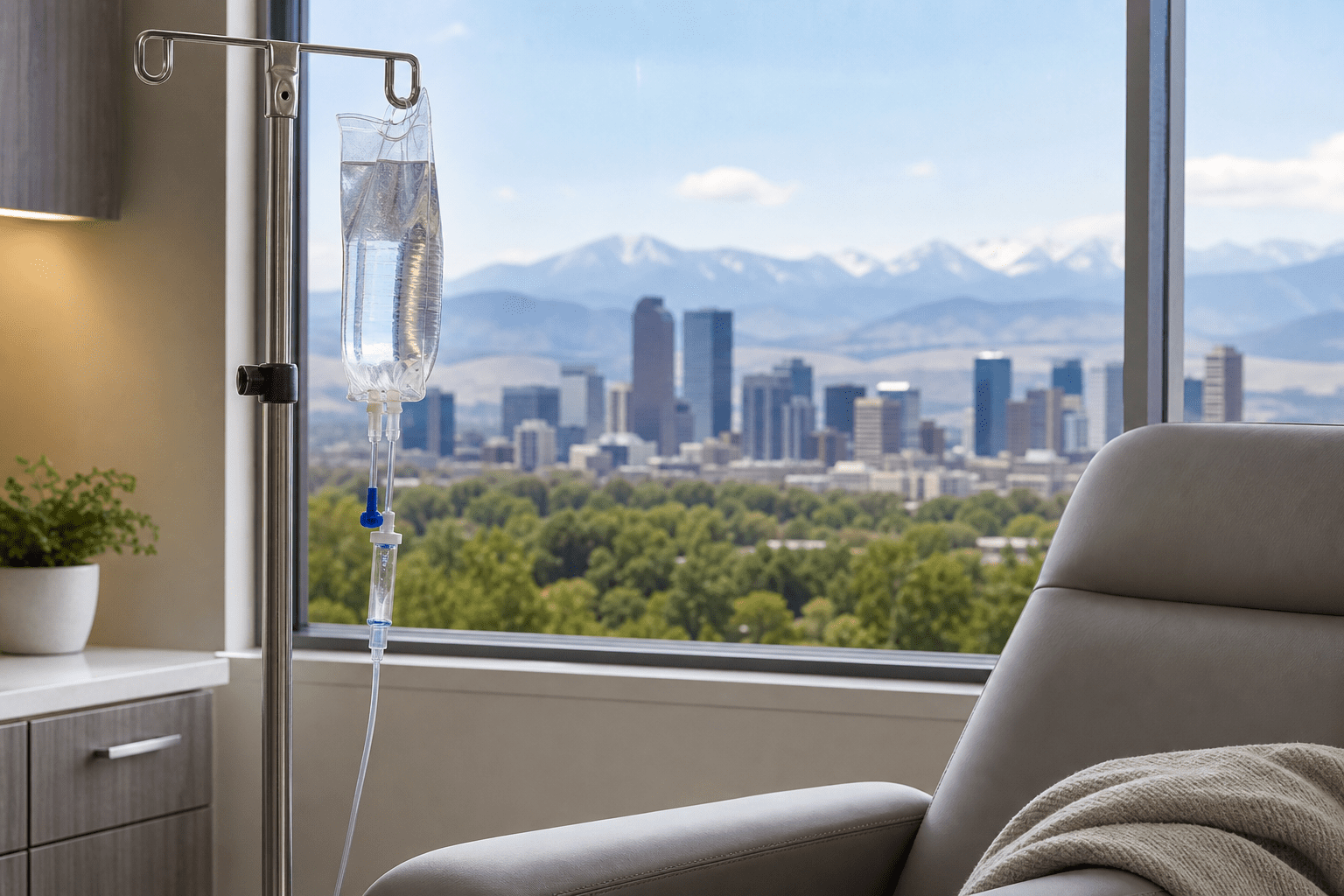 IV therapy bag on stainless steel stand beside a clinic chair with Denver skyline and Rocky Mountains visible.