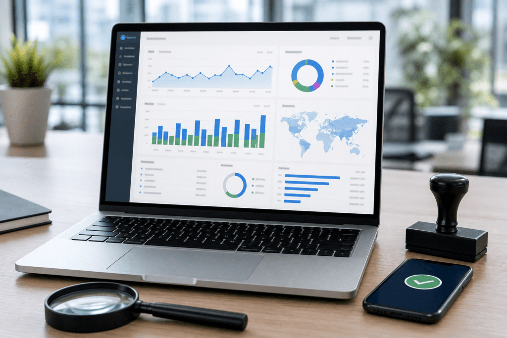 Laptop showing an SEO analytics dashboard with magnifying glass, rubber stamp, and phone checkmark illustrating EEAT signals.