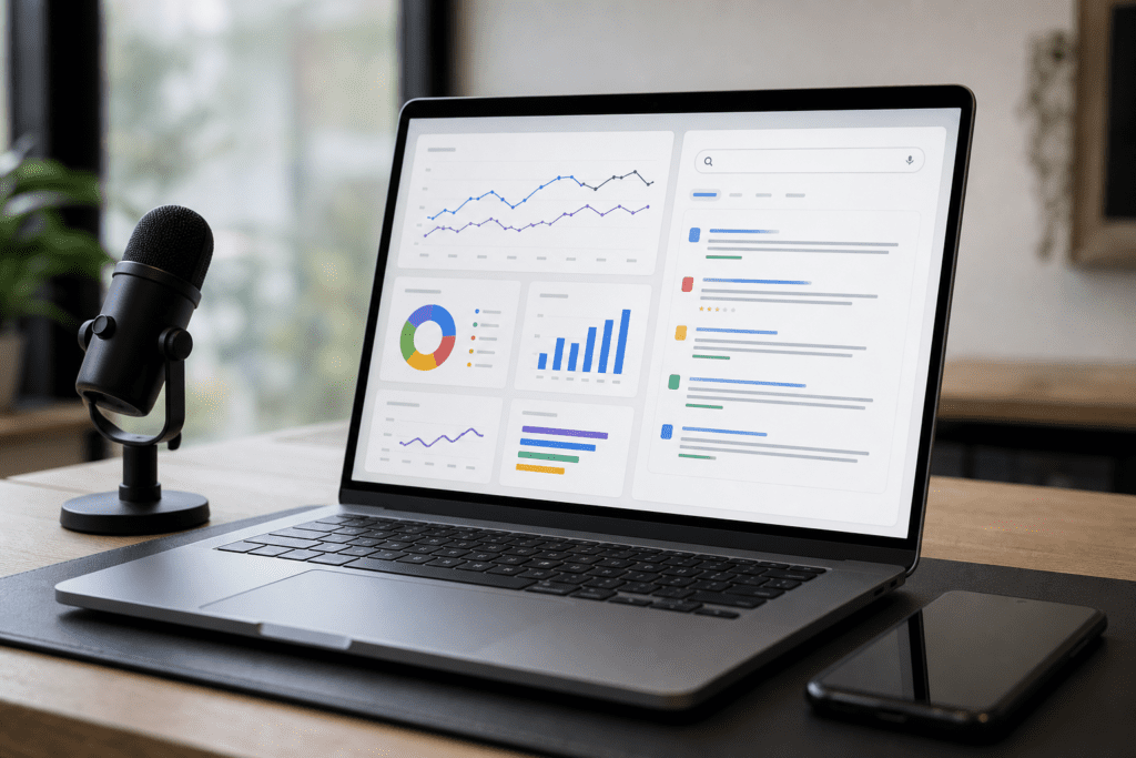 Laptop on a clean desk showing an analytics dashboard and search results mockup for Gemini SEO research.