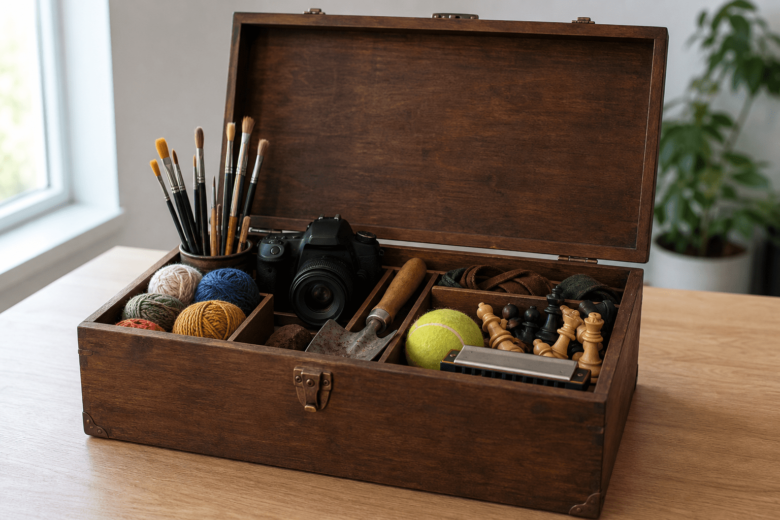 Open wooden trunk holding hobby supplies like paintbrushes, yarn, camera, trowel, chess pieces, and harmonica.
