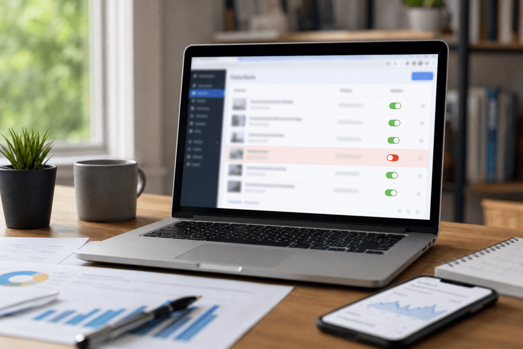Laptop on a webmaster's desk showing a website admin dashboard with a page toggled to unpublished for SEO.