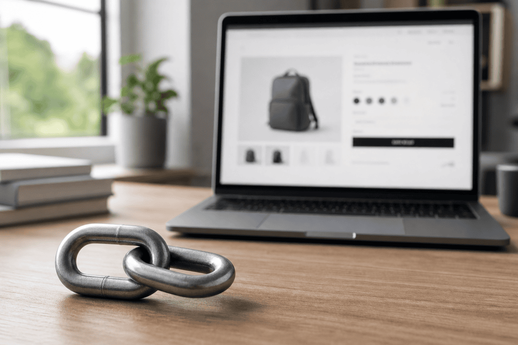 Metal chain-link icon in front of a laptop showing an ecommerce product page, illustrating backlinks for ecommerce sites.
