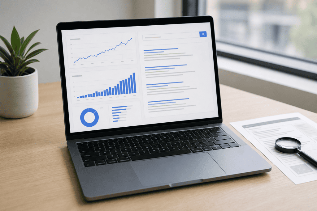 Laptop on a clean desk showing an SEO analytics dashboard with upward charts to help rank a page on Google.
