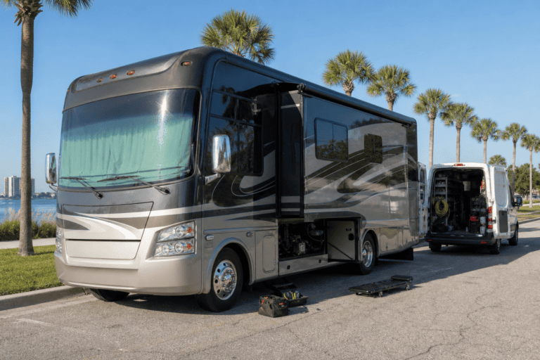 Class A motorhome and mobile RV repair van parked on a palm-lined St. Petersburg waterfront street.