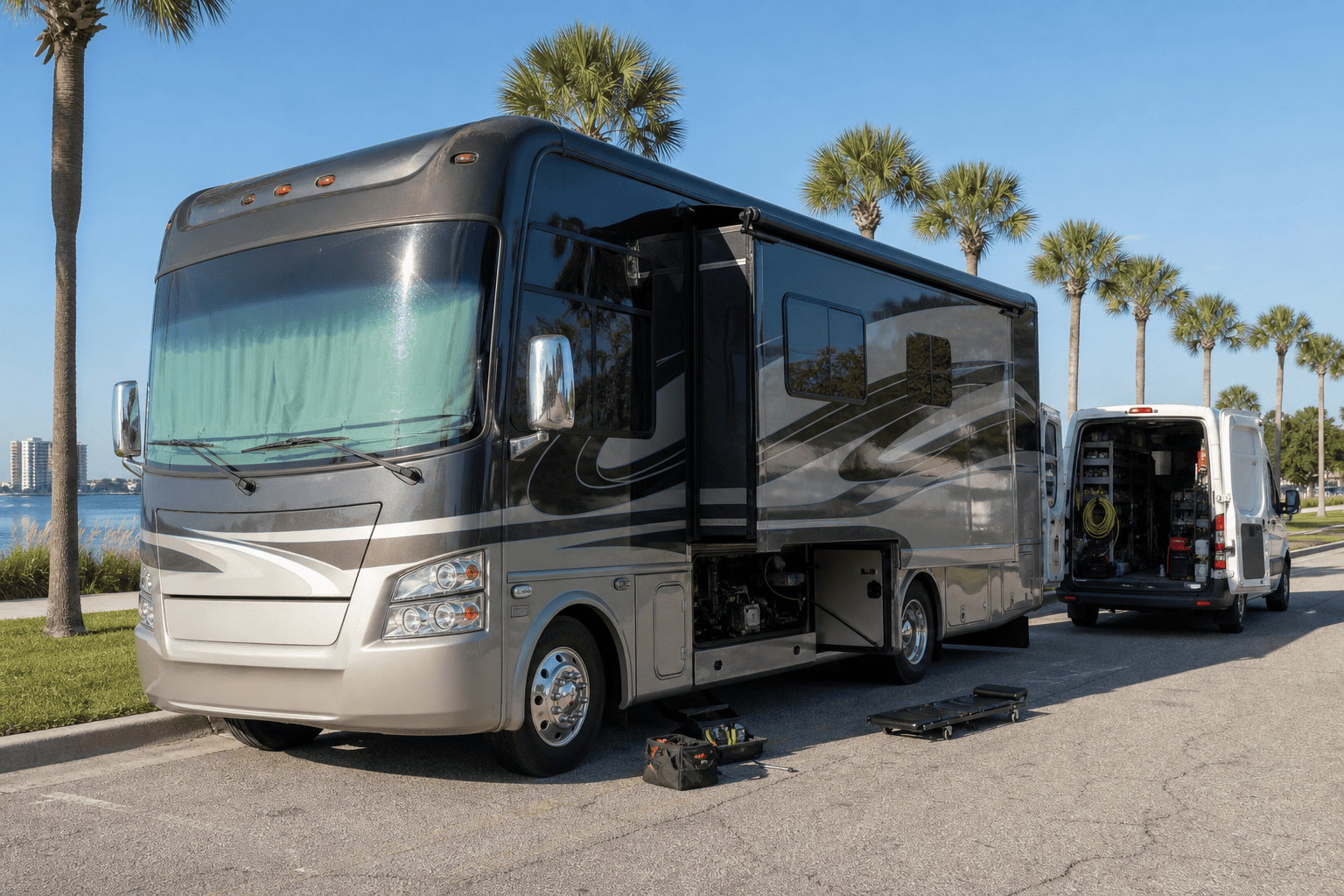 Class A motorhome and mobile RV repair van parked on a palm-lined St. Petersburg waterfront street.