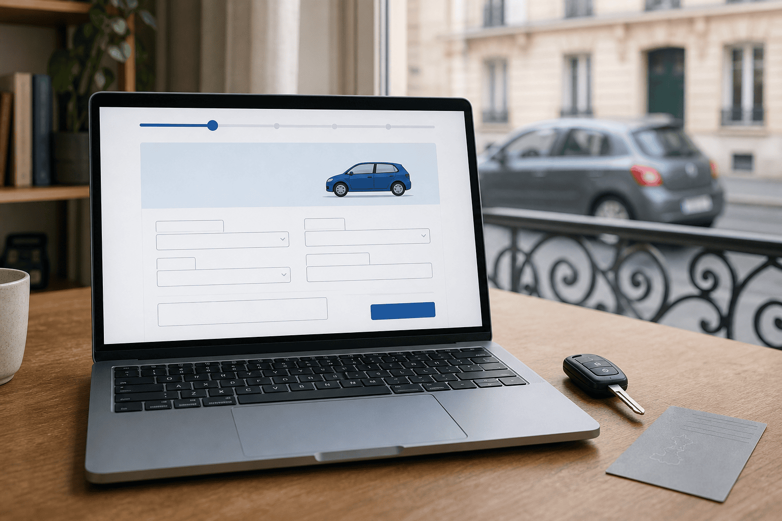 Laptop on a Paris apartment desk showing an online vehicle registration form beside a French carte grise and key.