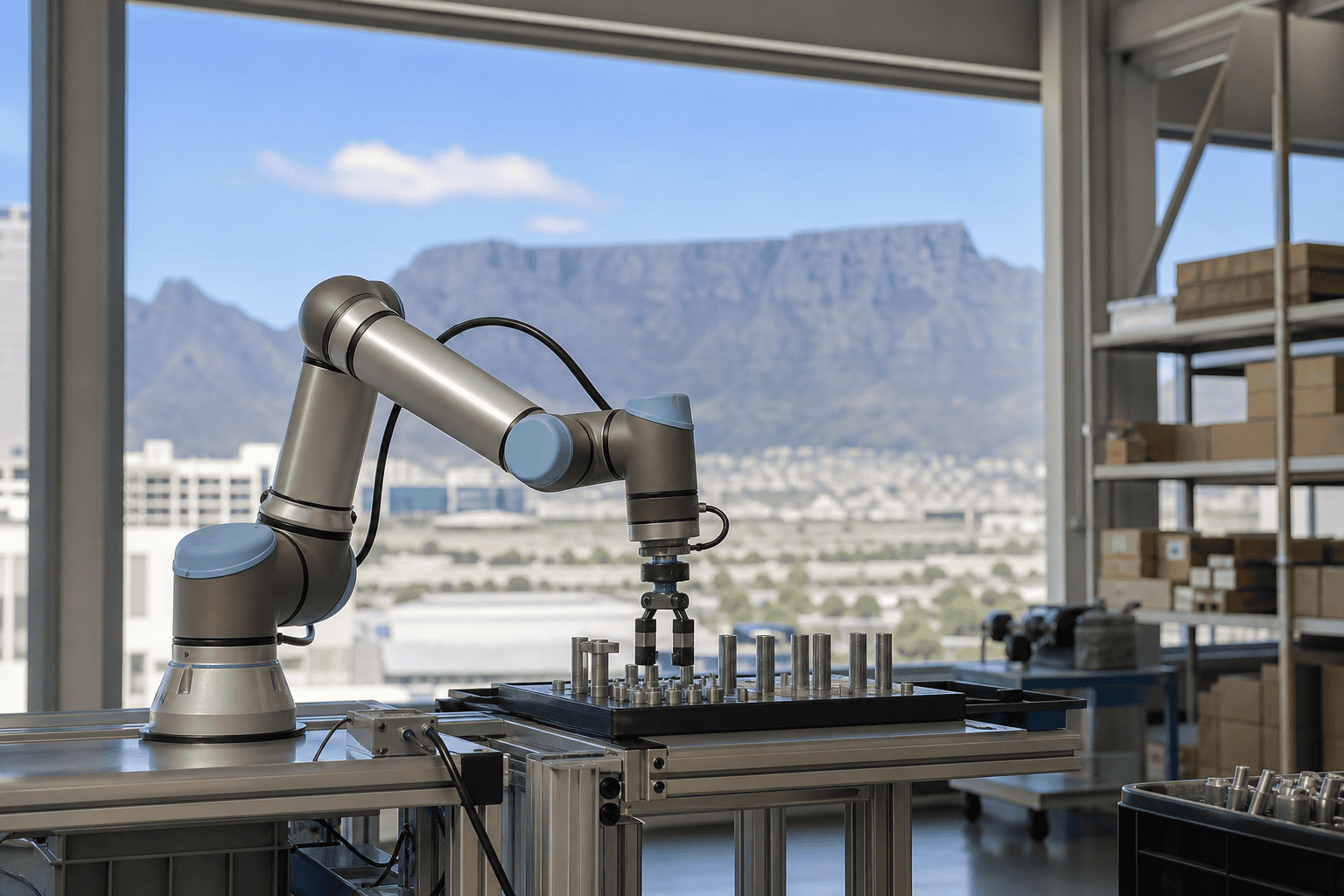 Collaborative robotic arm operating at an AI automation station in a Cape Town warehouse with Table Mountain visible.