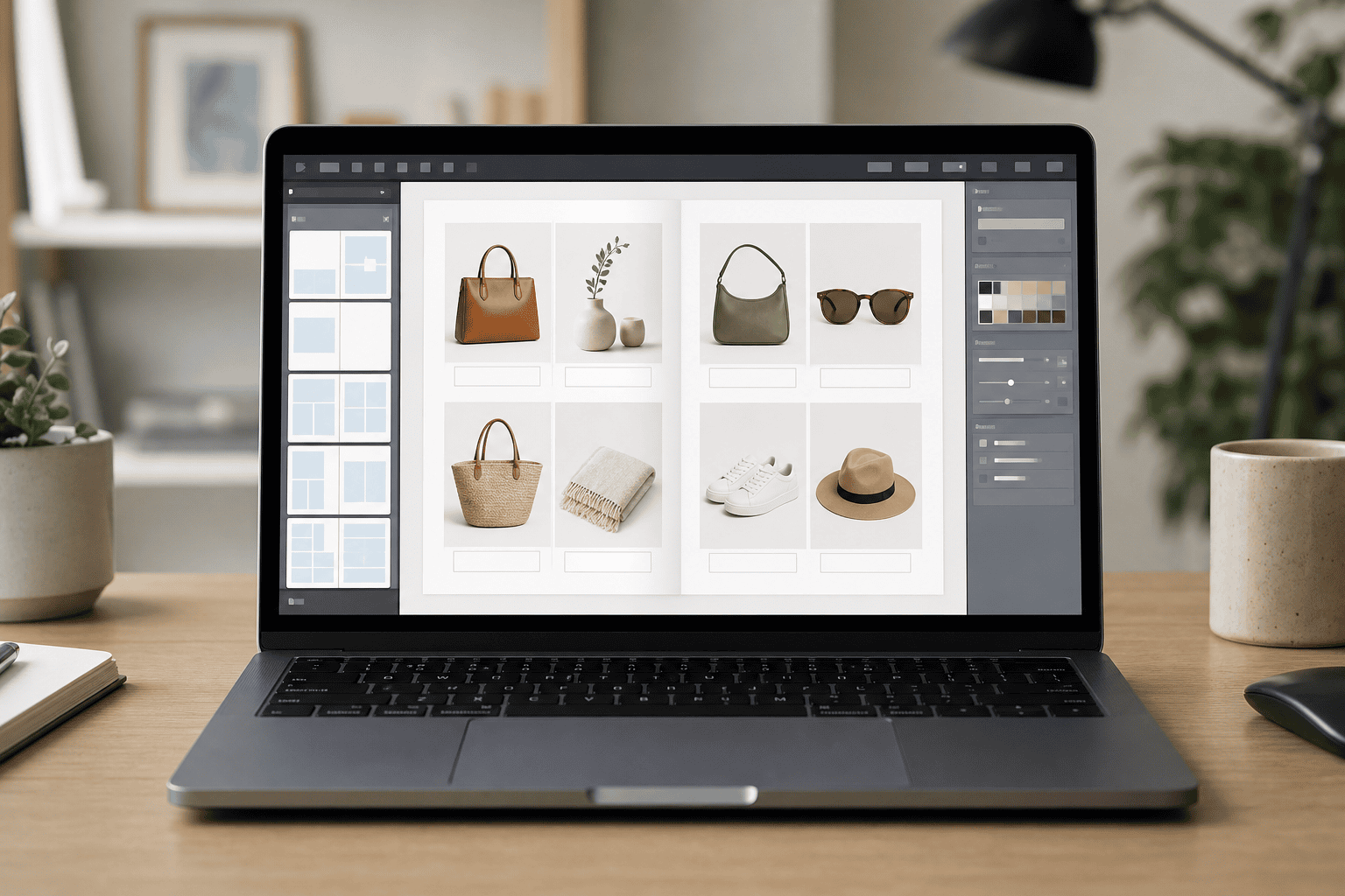 Laptop on a clean desk showing an online catalog maker interface with product photo grid and editing panels.